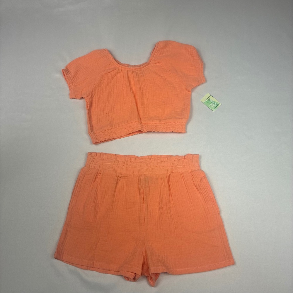 Girls Short Set 14 Peach/Coral NWT Gauze 100%‎ Cotton Crop Top Shorts 2pc Set